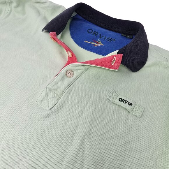 Orvis Mens Polo Shirt Colorblock Green Blue Trim Short Sleeve L‎ - Picture 1 of 6